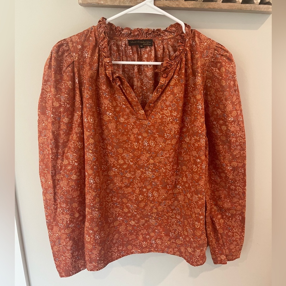 House of Harlow Revolve Women's Rust Floral Blouse Ruffle And Collar Details